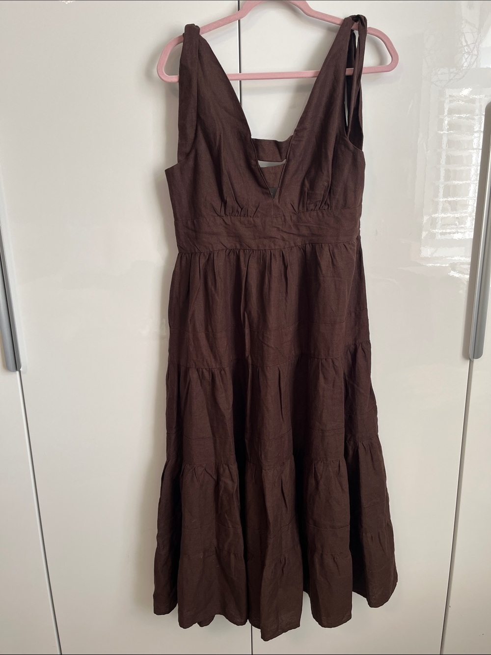 House of Harlow 1960 Brown V-Neck Tiered Maxi Linen Dress, Size M
